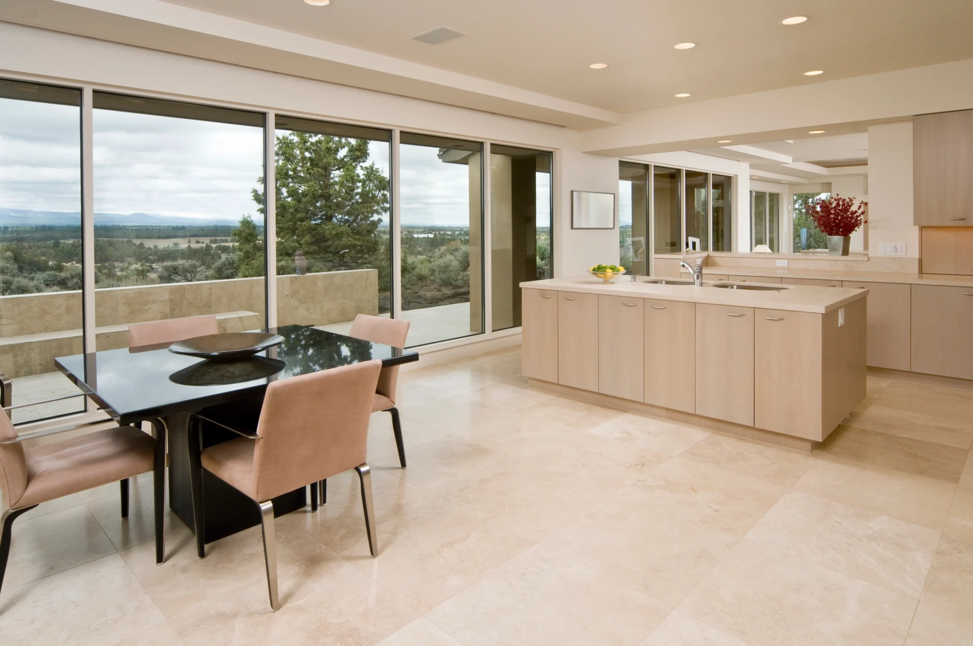 Spacious kitchen with large windows